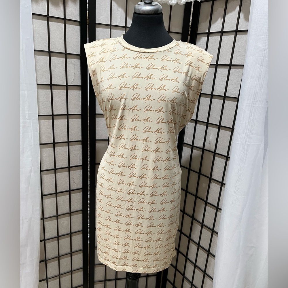 Calvin Klein Cream and Brown ALL OVER SIGNATURE LOGO MINI SHEATH DRESS SIZE 14